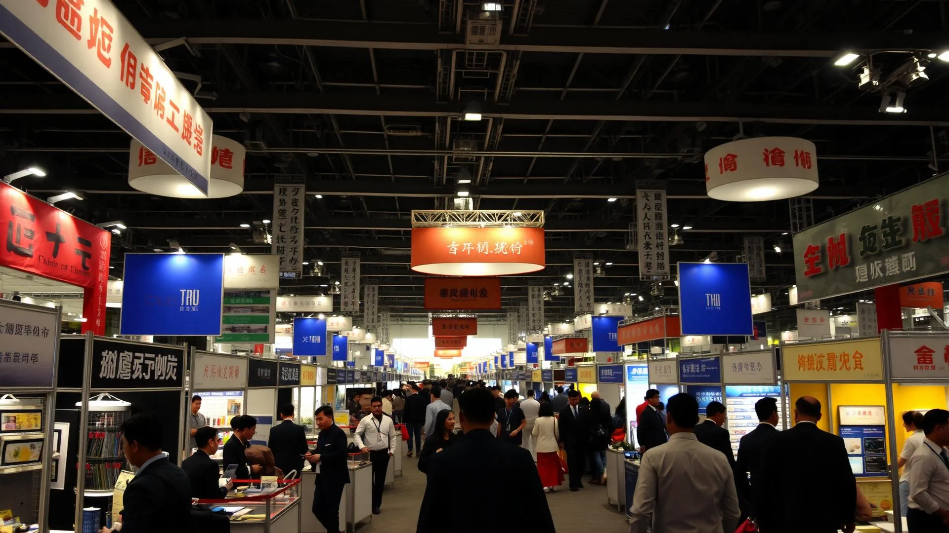 Intérieur d'un hall de la Foire de Canton, stands et allées bondées