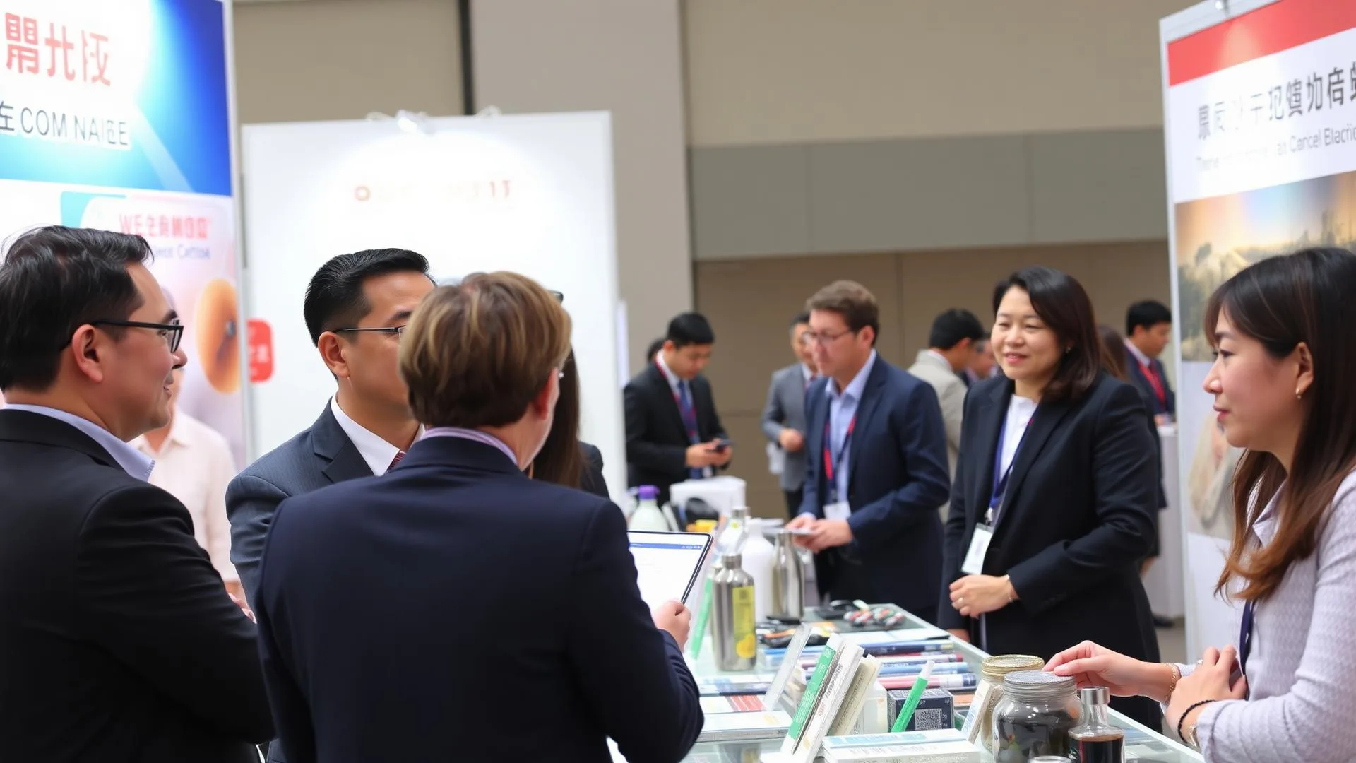 Négociation entre professionnels européens et chinois sur un stand de la Foire de Canton