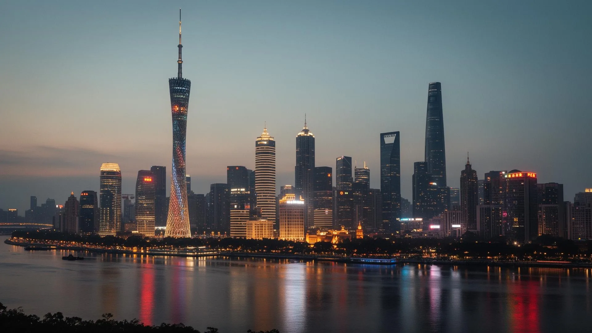 Skyline de Guangzhou au crépuscule avec la Canton Tower et la Pearl River
